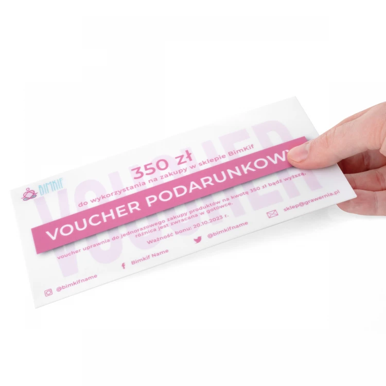Karta plastikowa - Voucher - tworzywo HIPS 1mm - wym. 215x101mm - kolorowy druk UV - WZ039