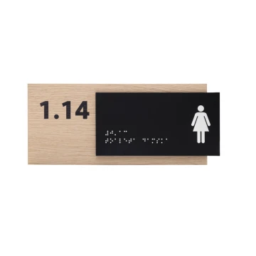 Toaleta damska - tabliczka z pismem Braille'a - płyta fornirowana dąb i akryl czarny mat - wym. 262x118mm - TAB404