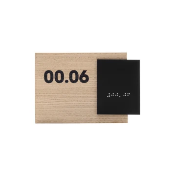 Tabliczka z dowolną numeracją i pismem Braille'a - płyta fornirowana dąb i akryl czarny mat - wym. 155x118mm - TAB403